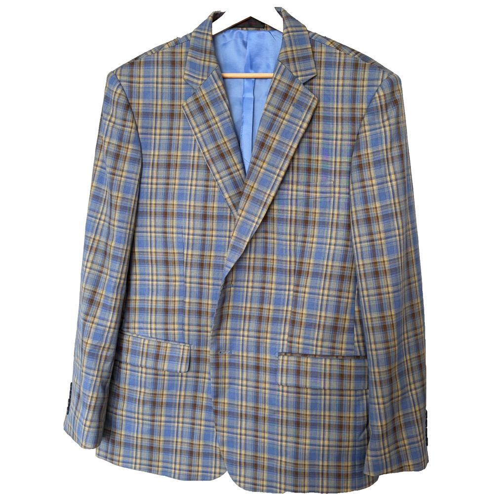 Vitali Men's Plaid Jacket 42R Blue Brown Polyester Blend Sport Coat Regular